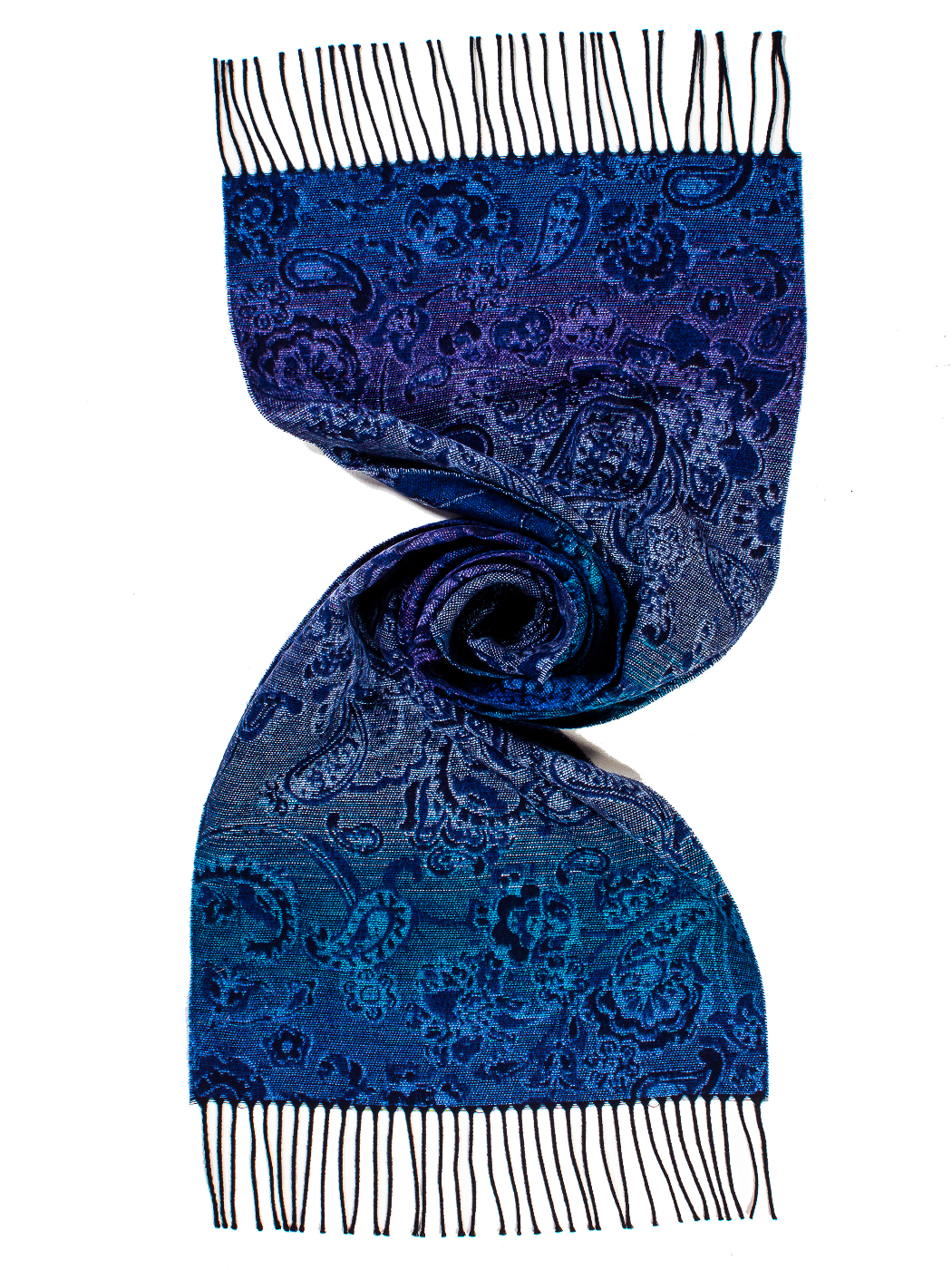 STOLA JACQUARD CACHEMERE CON FRANGE 100% PC MADE IN ITALY - BLUE